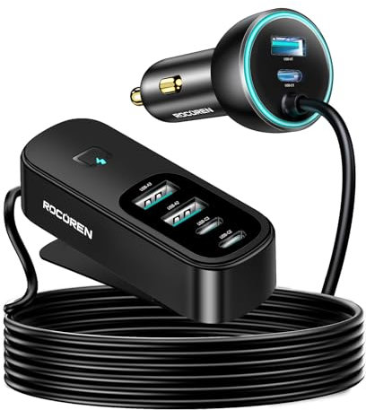 Rocoren Zigarettenanzünder USB C Autoladegerät Adapter 105W, PD3.0 QC3.0 6-Port Kfz Ladegerät mit 1.5m Kabel Kompatibel mit iPhone 16/15 / iPad Pro/Galaxy S24 / Huawei/MacBook Air