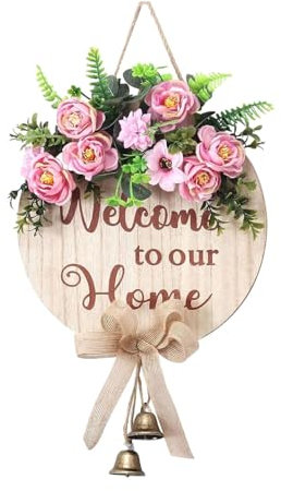 Couronne de Porte avec Panneau de Bienvenue, Couronne Artificielle, Couronne Porte D'été Printemps, Porte Panier à Couronne D'ornements Suspendus Porte D'entrée, pour Mariage Porte Fête Fenêtre