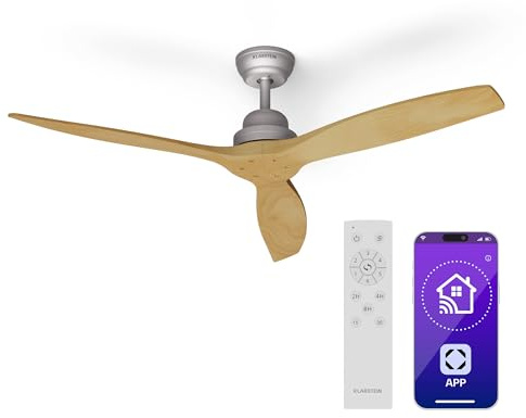Klarstein Santa Elena Deckenventilator – Smart App & Fernbedienung, 6 Geschwindigkeiten, Leise, Echtholzflügel, Sommer & Wintermodus, 132cm, Ahorn