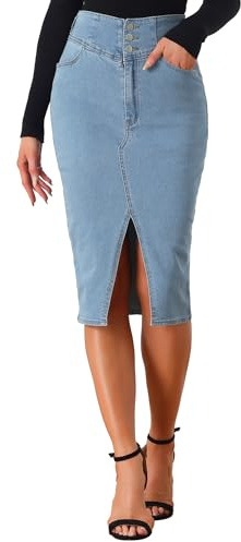 Allegra K Falda Vaquera Informal para Mujer de Cintura Alta Dobladillo Dividido Midi Falda de Lápiz de Mezclilla Azul Claro M