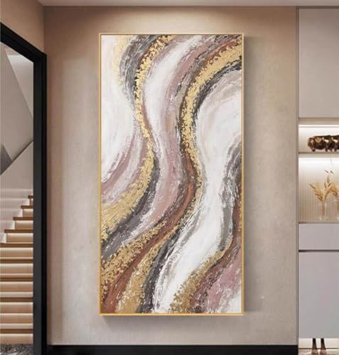 Quadro Contemporaneo Dipinto A Mano Di Grandi Dimensioni - Linee Astratte In Lamina D'Oro Fatte A Mano Su Tela Senza Cornice Pittura A Olio Versione Verticale, Pittura A Olio Decorazione Artistica