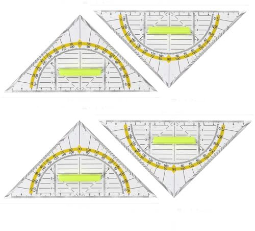 QOMJUFA Triángulo geométrico, 4 piezas de plástico cuadrado geométrico, transportador cuadrado transparente con escala, adecuado para estudiantes, oficina, diseñadores