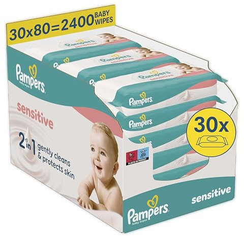Pampers Sensitive Wet Wipes 30 Packs of 80, 2400 Wet Wipes Unscented for Gentle and Soft Cleaning
