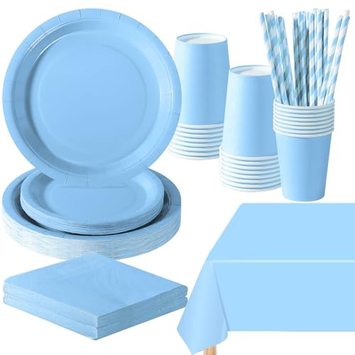 PYAILI Anniversaire Vaisselle de fete 121 Pièces Bleu Ciel Party Assiettes en Papier Set Assiettes de Fête Papier Tasses Serviettesr, pour Barbecue les Fêtes les Pique-niques -24 Invités