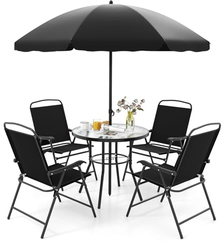 KOMFOTTEU Ensemble de Salon de Jardin 6 Pièces pour 4 Personnes, Set de Meubles de Jardin, avec 4 Fauteuils, 1 Parasol et 1 Table Ronde, Mobilier d’Extérieur, pour Cour, Patio, Noir