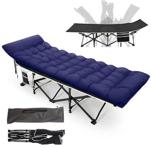 Warmiehomy Letto da campeggio con materasso, lettino da campo con cuscino per adulti, extra largo, pieghevole, XXL, pieghevole, con tasca laterale, portatile, pieghevole, per esterni, colore: blu