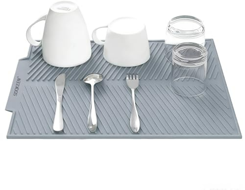 SOQKEEN Tappetino Scolapiatti in Silicone 50x40 cm Grande con Beccuccio di Scarico, Sgocciolatoio Antiscivolo per Lavello e Piano Cucina, Resistente al Calore e Pieghevole, Grigio Chiaro