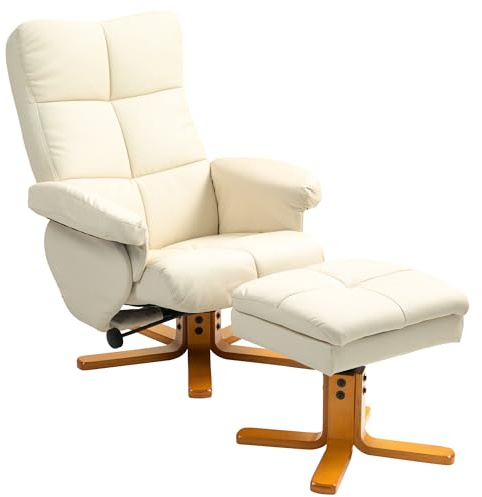 HOMCOM Sillón relax con reposapiés, sillón de relajación de PU, giratorio de 360°, respaldo reclinable, asiento y respaldo acolchado, almacenamiento oculto, para salón, dormitorio, cine en casa, crema