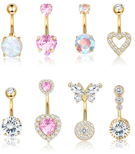 Dochais 8 stycken, 14 g, navelpiercing kirurgiskt stål, navelring, set, kubisk zirkonia navelpiercing för kvinnor, allergivänlig, navelpiercing, ring, silver/guld/roséguld piercing, smycke