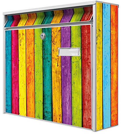 banjado® Burg-Wächter® Briefkasten mit Motiv Bunte Holzlatten/Briefkasten ohne Zeitungsfach 32x36x10 cm groß/Briefkasten mit Namensschild A4 Einwurf inkl. Montagematerial & 2 Schlüsseln