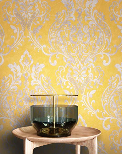 NEWROOM Papier peint Jaune Ornement Intissé - Baroque Argent Métallique Aspect Béton Glamour