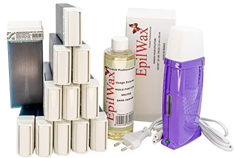 EpilWax Royal Depilatory Kit komplett med: Professionell vaxvärmare, 12 x 100 ml Azulenvax Roll-On, 100 Hårborttagningsremsor, 1 x 250 ml Efter vaxoljeflaska (Royal Azulene 12-serien)