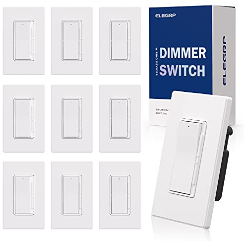ELEGRP Dimmer Light Switch for 300W Dimmable LED/CFL Lights and 600W INC/HAL Bulbs, Single Pole/3-Way LED Slide Dimmer Light Switch, Wall Plate Included, UL Listed, 10 Pack, White