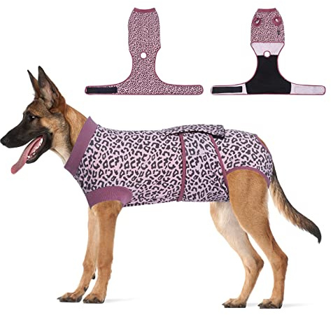 Jiupety Dog Recovery Suit Adjustable, Dogs Bodysuit for Abdominal Wound After Surgery, Substitute E-Collar, 2XL Size, Anti-Licking Surgical Dog Onesies, Pink Leopard
