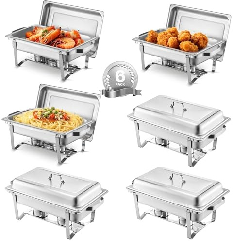 VEVOR Chafing Dish Buffet Set, 8 Qt 6 Pack, Stainless Chafer with 6 Full Size Pans, Rectangle Catering Warmer Server with Lid Water Pan Folding Stand Fuel Holder Tray Spoon Clip, at Least 8 People Eac