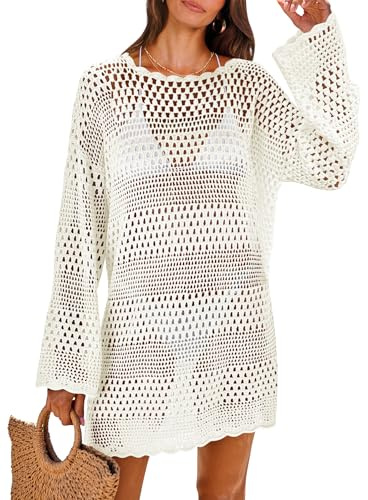 ANRABESS Women Swimsuit Crochet Swim Cover Up 2026 Summer Bathing Suit Swimwear Mesh Knit Beach Dress Vacation Outfits Cream White Small