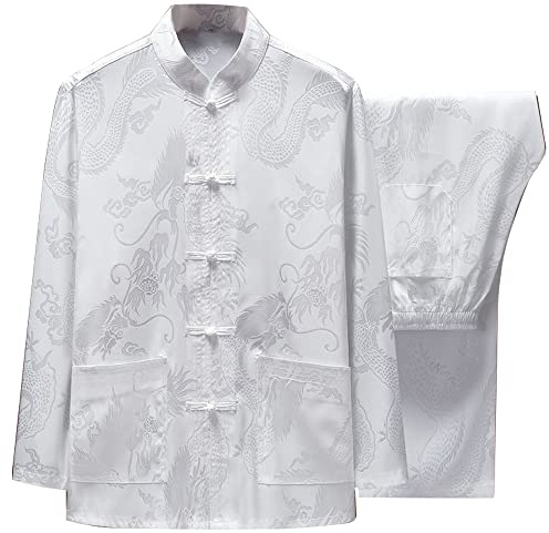 Chinese Martial Arts Uniform Tang Suit for Men Breathable Fabric Kung Fu Wing Chun Hanfu Traditional Suit (White, Large)