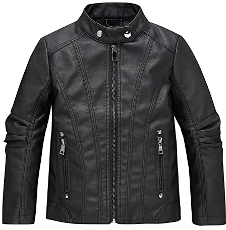 Boodtag Kids PU Leather Jacket Children Snap Collar Faux Leather Motorcycle Biker Jacket Black Zipper Belted Coats Black 13-14 Years
