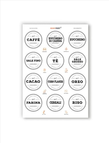 Readyprint, Juego de 12 pegatinas transparentes para contenedores de despensa de cocina, azúcar, café, sal, etc. en italiano, impermeables, redondas, medidas: 6 cm