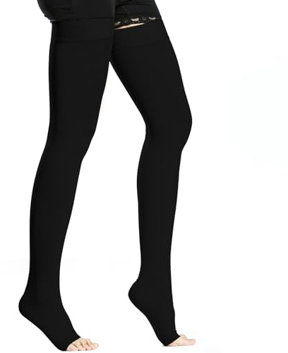 BellaAchtung Calze a compressione mediche da donna e da uomo 20-30 mmHg Supporto graduato, Calze di supporto per cosce, Calze a compressione per edemi Senza piede con fascia in silicone, Nero , S