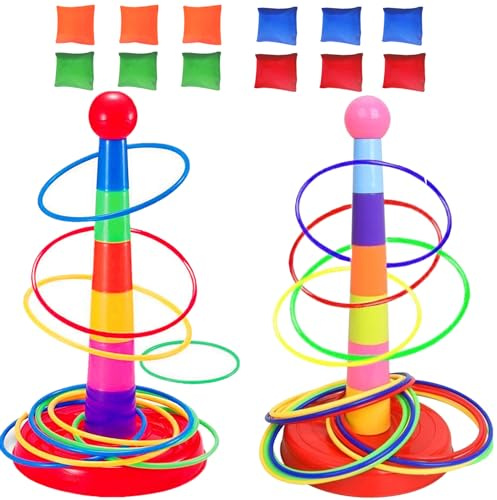 ailixinda Colorful Plastic Sport Ring Toss Game Set for Kids,2 Colorful Columns+36 Rings+12 Bean Bags,Outside Toys Carnival Ring Circle Game,Outdoor Kids Sports Educational Toys (Multicolor, 36 rings)