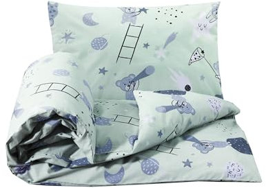 Hajran Linen 100% Pure Cotton 2 Pcs Baby Cot Duvet/Quilt Cover Set | 1 Duvet/Quilt Cover (120 x 90 cm) & 1 Pillowcase (40 x 60 cm) | Breathable, Soft, Comfy, Anti-allergic (Grey Teddy & Moon)