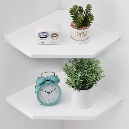 Gieanoo Uppsättning av 2 hörnhyllor i massivt ekträ vintage trä lantlig stil hängande hylla sovrum vardagsrum diamantform metallhål 33,5 cm