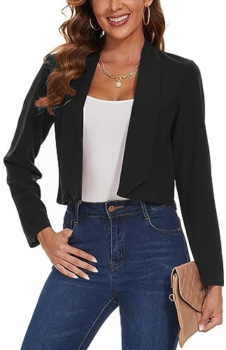 LADI TREND Blazer corto para mujer, chaqueta de manga larga, chaqueta casual con solapa y solapa, B-negro, L