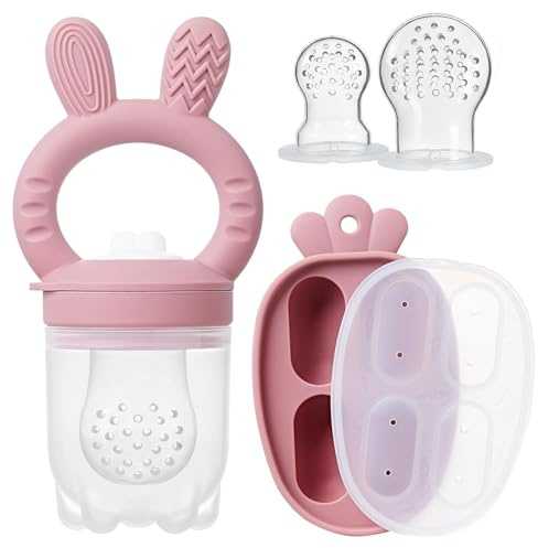 Paquete de 2 comederos de silicona para frutas para bebés con bandeja para congelador, moldes para paletas de alimentos frescos y congelados, incluye bolsas de alimentos adicionales (rosa oscuro)