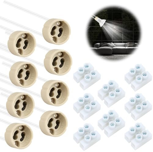 CAISYE GU10 Bases para Lámparas de Cerámica con Cable de Silicona 0,75mm², 8 Piezas, 15cm, 0-250V, 2A - Portalámparas con Conector de Terminal para LED o Bombilla Halógena