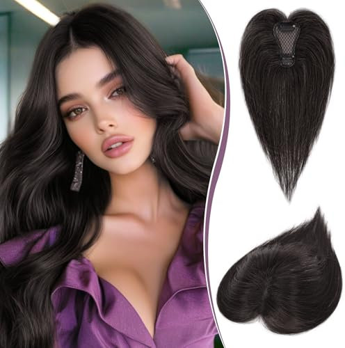RUWISS Haar Toppers für Frauen Echthaar Topper Leichtes Dunkelbraun Clip in Haarteil für Dünner Haar Oberkopf Flauschiger Glatter Hair Topper ohne Pony
