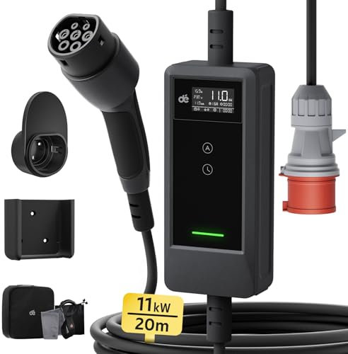 dé Mobile Wallbox/Ladestation 11kW [20m|3-phasig|6-16A] mit Einstellbarer Ladeleistung, Ladekabel CEE 16A auf Typ 2 und EV Ladegerät für Model Y/3, ID.3/4/5, MG4, EX30, e-up, e-tron und BEV/PHEV