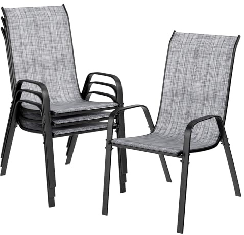 LIFERUN Gartenstühle Stapelstuhl Camping Stapelbar Hochlehner Terrassenstuhl Textilene Stahlgestell für Gärten Innenhöfe Balkone Restaurants 150 kg Belastbar 54 x 69 x 93cm (4pcs, Flachsgrau)