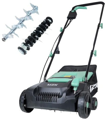MZK 13-inch 13-Amp 2-in-1 Electric Dethatcher and Scarifier w/Removeable 4-Position Height Adjustment,Lawn dethatcher w/8-Gallon Thatch Collection Bag,Keep Lawn Health Blue