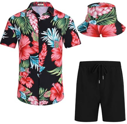 SPKPKEY Set camicia hawaiana da uomo e pantaloncini, vestibilità regolare, maniche corte, abbigliamento casual da spiaggia con cappello alla pescatora S-XXL, Fiore nero e rosso, S
