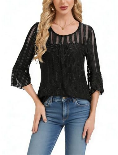 Atxnn Camicetta da Donna di 3/4 Manica a Volant Camicia Elegante Tunica Casual Festa Blusa Rete a Doppio Strato Top per Autunno