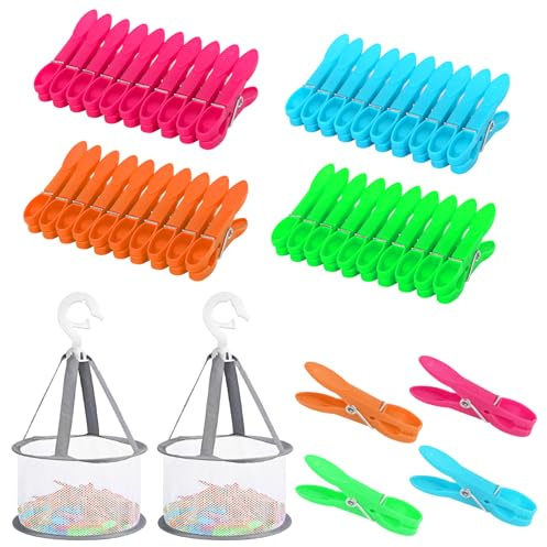 prota 48 Stück Wäscheklammern mit Korb, Plastik Wäscheklammern Ohne Abdruck, Windfeste Bunte klammerbeutel für wäscheklammern Stabil für Wäscheleinen Kleidung Socken