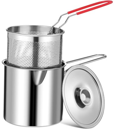 Amosfun Pentola Friggitrice Mini in Acciaio Inossidabile e Filtro Olio Integrato per Frittura Bollitura e Cottura Compatta e Durevole per Cucine Piccole Viaggio