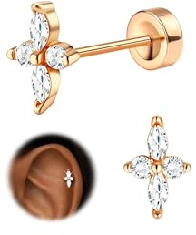 Morfetto 16G Piercing Oreja Acero Quirurgico Dorado Plata Oro Hipoalergenicos Pendientes Mujer Hombre con Parte Trasera Plana Ópalo Cz Barra Piercing Helix Tragus Cartílago Labio Rose Gold-Cross