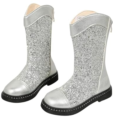 Botas altas de piel para niña, botas de combate ecuestres con cordones – Tacón bajo, punta redonda cómoda – Cremallera lateral – Invierno – Niño/niño, plata, 32 EU