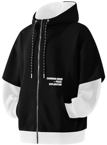 RUIZEHONG Men's Zip Up Hoodie Color Block Sweatshirts Casual Loose Fit Lightweight with Pockets Pullover Hooded Jacket Black White