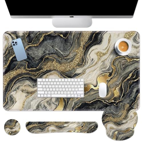 Britimes Marble Black Gold Abstract Keyboard Mouse Pad Set Golden Glitter 4in1 Large Mousepad+Keyboard Wrist Rest+Mouse Wrist Rest+Coaster Ergonomic Design for Home Office Computer 35.4x15.7 inches