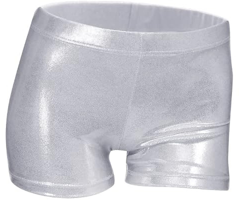 Kucy Big Girls' Shiny Dance Tumbling Sports Gymnastics Silver Print Shorts for Girls 13-14 Years
