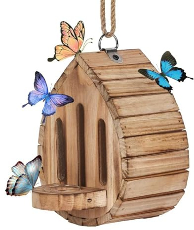 Akfldms Casa de Mariposas Colgante de Madera, Hábitat para Mariposas con Comedero, Refugio para Mariposas de Madera de Pino.