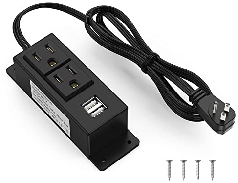 Kungfuking Surge Protector Power Strip Flat Plug Desk Power Grommet Conference Wall Mount USB Outlet Power Socket 2-Socket & 2-USB Ports 6.56 FT Extension Cord (Black)