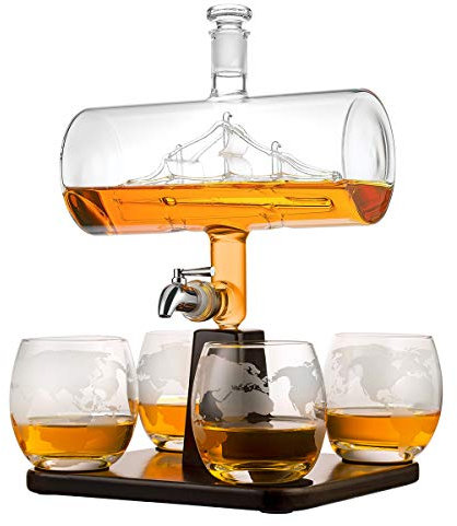Set di 4 bicchieri da whisky da 320 ml, caraffa in vetro con barca a vela, capacità 1000 ml, rubinetto in acciaio inox, decanter senza piombo, chiusur.