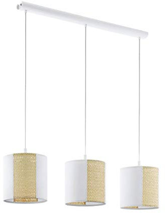 EGLO Pendelleuchte Arnhem, 3 flammige Hängelampe Vintage, Boho, Hygge, Hängeleuchte aus Stahl, Papier und Seegras in Weiß, Natur, Esstischlampe, Wohnzimmerlampe hängend mit E27 Fassung, L 102 cm
