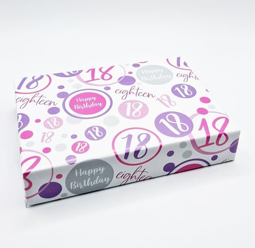 4 hojas + 4 etiquetas de regalo a juego para 18 cumpleaños, papel de regalo de 18 años, rosa, lila, blanco, papel de regalo femenino (PA)