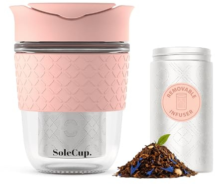 Sulkopp Resemugg lös tesil – avtagbar tesil med spillsäkert lock – BPA-fritt återanvändbart glas resekaffekopp med silikonband (rosa)