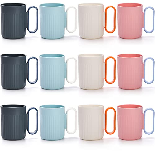 Jucoan 12 Pack Reusable Plastic Coffee Mugs,480 ml Unbreakable Plastic Cups with Handle for Coffee, Tea, Drinks, BPA Free Healthy Drinking Mugs for Adults, 4 Colors